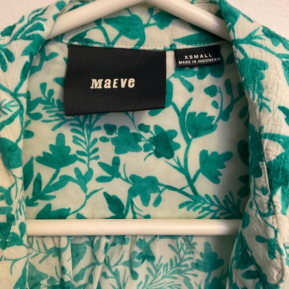 Anthropologie Maeve, Green and white floral blouse, button up, size XS - Picture 2 of 9